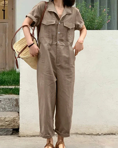 maoxiangshop Women Summer Jumpsuit Lapel Solid Color Short Sleeved Dungarees Femme Fashion Causal Elegant Rompers Work OL Pant