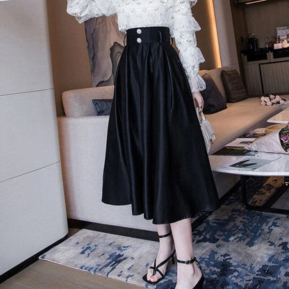 maoxiangshop Big Swing High Waitsed Black Skirts Women Fashion Pleated Satin Midi Skirt Woman Pearls Button Long Party Skirts Ladies