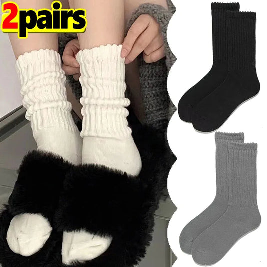 maoxiangshop 1/2Pairs Lolita Long Socks Women Solid Color Knitted Warm Middle Tube White Warmer Ladies Autumn Winter Crochet Sox Boot Cuffs