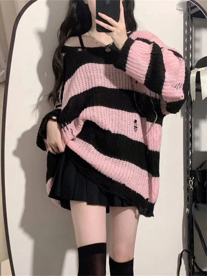 maoxiangshop Y2K Pink Striped Sweaters Women Harajuku Vintage Black Knitted Jumper Grunge Sexy Hole Hollow Out Loose All-match Tops