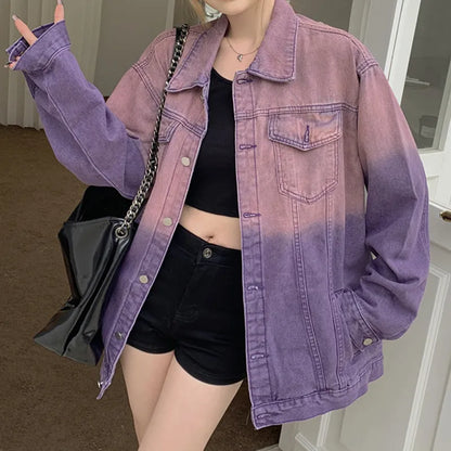 maoxiangshop Purple Ombre Denim Jacket for Women Oversized Jean Jacket Y2K Grunge Autumn Winter