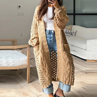 maoxiangshop  -  2024 Casual Solid Color Pocket Coat Ladies Elegant V Neck Hollow Knitted Cardigan Autumn Winter Thick Warm Loose Sweater Outwear