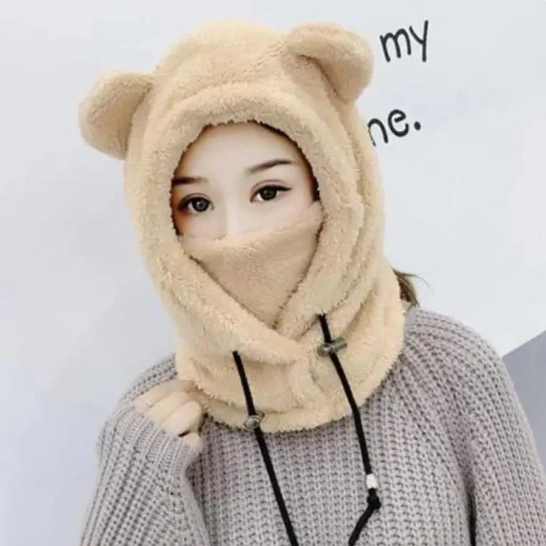 maoxiangshop Cute Winter Earflaps Plush Bear Ears Hats adult Warm Mask for Outdoor Women Bonnet Hood