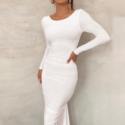 maoxiangshop Backless Maxi Dress Elegant Red Long Sleeve Sexy Ruched Bodyocn Evening Party Dress for Women Spring Slim Christmas Outfits