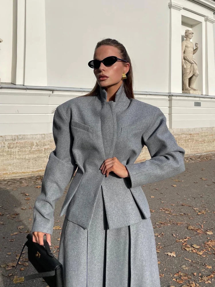 maoxiangshop  -  Women Fashion Solid Woolen Skirt Suits Elegant Stand Collar Full Sleeve Coat Loose Pleated Long Skirts Set Fall Chic Lady Outfit