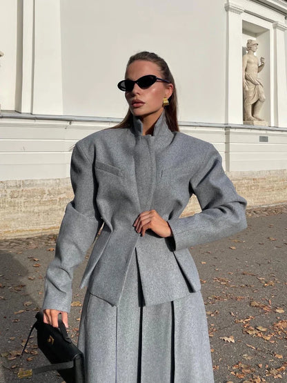 maoxiangshop  -  Women Fashion Solid Woolen Skirt Suits Elegant Stand Collar Full Sleeve Coat Loose Pleated Long Skirts Set Fall Chic Lady Outfit