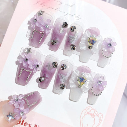 24pcs Bridal Nail Art tips with design press on nails long false nails glue coffin nail tips Rhinestones Glitter stick on nails