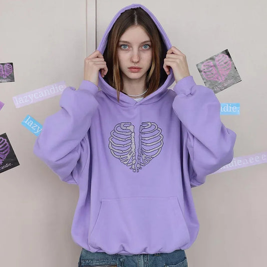 Skeleton Rhinestone Hoodies Women Goth Halloween Graphic Sweatshirts Fall Winter Long Sleeve Top Streetwear P85-DD48