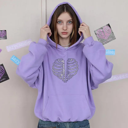 Skeleton Rhinestone Hoodies Women Goth Halloween Graphic Sweatshirts Fall Winter Long Sleeve Top Streetwear P85-DD48