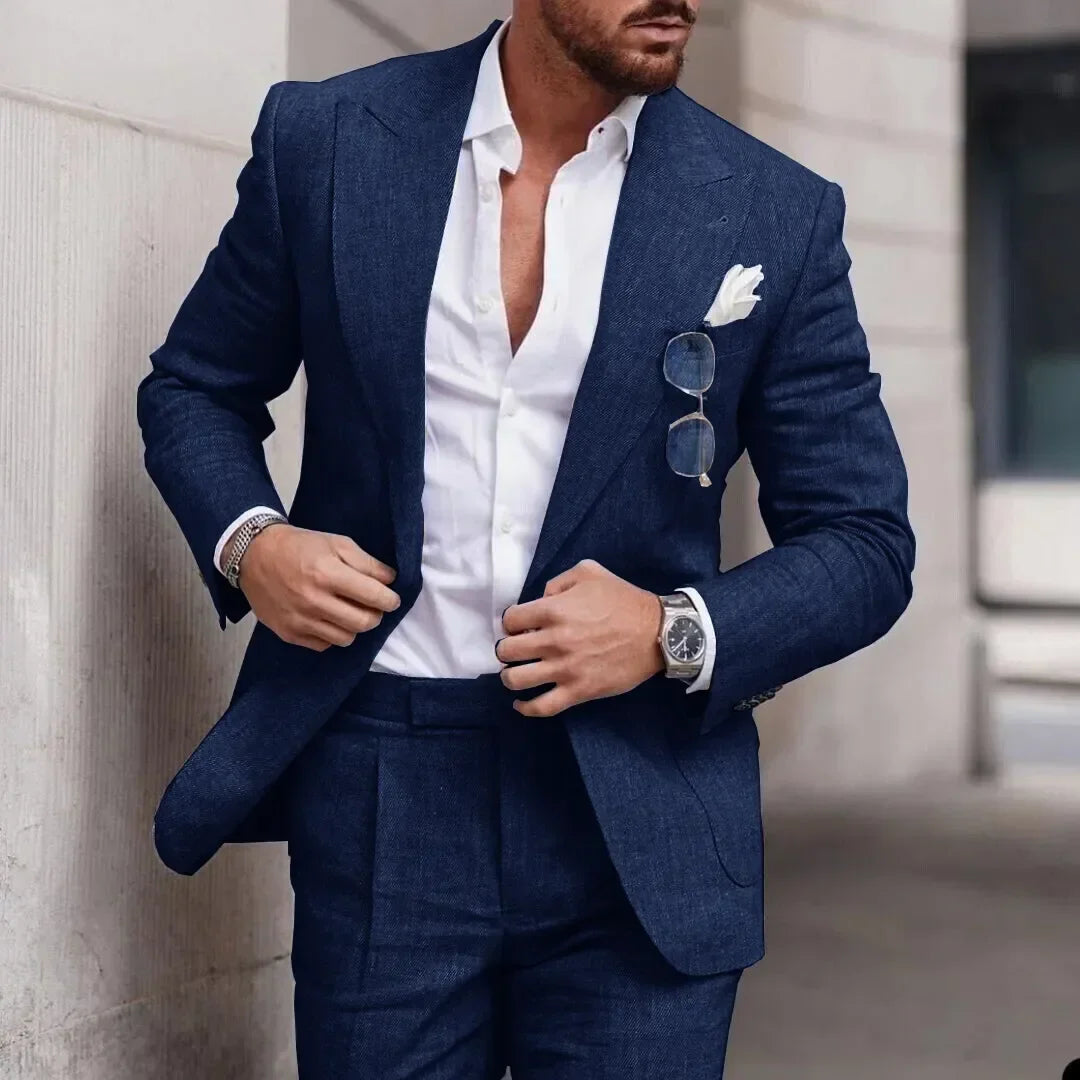 maoxiangshop Fashion Linen Suits for Men Chic Peak Lapel Double One Button Male Suit Slim Fit Business Casual Wedding Tuxedo 2 Piece Costume