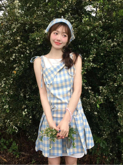 maoxiangshop  -  2000s Vintage Blue Plaid Fake Two Piece Dress Women Casual Retro Y2k Mini Dress Summer 2024 Japanese Fashion Sweet Cute Dress