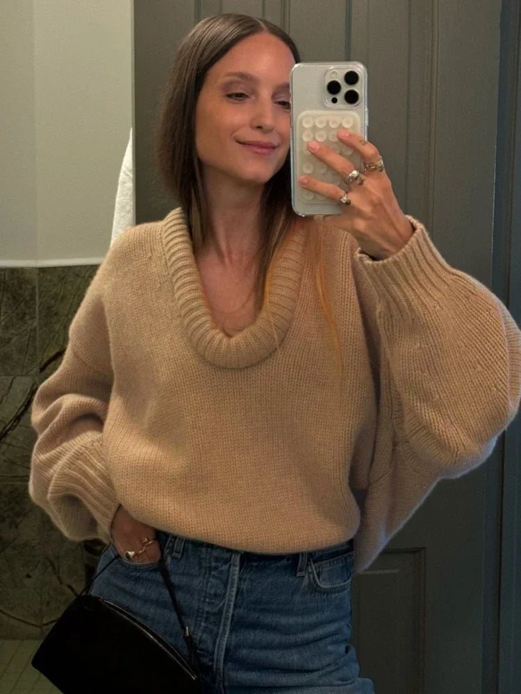 maoxiangshop  -  Women Sweater Casual Solid Loose Lantern Sleeve Knit Tops Fashion V-neck Black Pullover Sweater 2024 New Autumn Female Knitwear