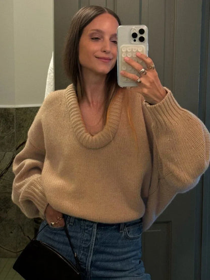 maoxiangshop  -  Women Sweater Casual Solid Loose Lantern Sleeve Knit Tops Fashion V-neck Black Pullover Sweater 2024 New Autumn Female Knitwear