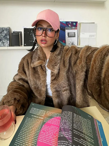 maoxiangshop -  Fluffy Faxu Fur Plush Coat For Women Brown Long Sleeve Lapel Oversized Outwear Thick Warm Winter Female Street Jacket