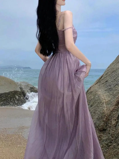 Vintage Spaghetti Strap Purple Long Dresses for Women Summer Sexy Tulle Pleats Fairy Evening Party Backless Female Clothing