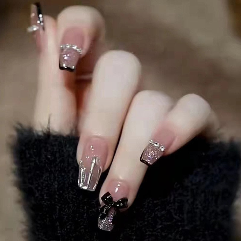 24pcs Bridal Nail Art tips with design press on nails long false nails glue coffin nail tips Rhinestones Glitter stick on nails