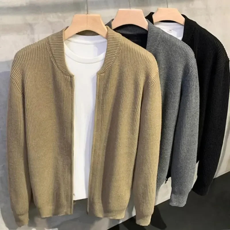 maoxiangshop New Autumn Winter Men's Knitted Cardigan Sweater Simple Versatile Solid Color Trendy Jacket Thick Crew Neck Pullover
