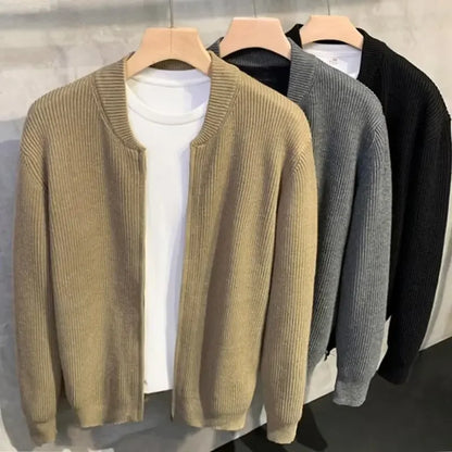 maoxiangshop New Autumn Winter Men's Knitted Cardigan Sweater Simple Versatile Solid Color Trendy Jacket Thick Crew Neck Pullover
