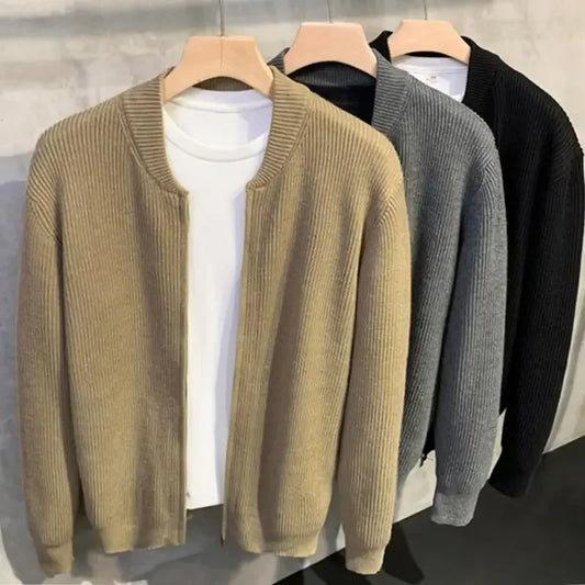 maoxiangshop New Autumn Winter Men's Knitted Cardigan Sweater Simple Versatile Solid Color Trendy Jacket Thick Crew Neck Pullover