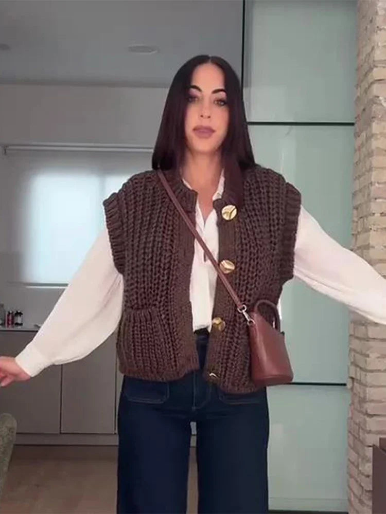 maoxiangshop  -  Vintage Knit Waistcoat Women Solid Round Neck Single Breasted Sleeveless Pocket Sweater Vests 2024 Autumn Winter Casual Lady Top