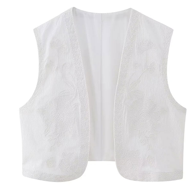 maoxiangshopWomen Fashion Y2k Vintage Floral Embroidery Vest Top V Neck Loose Casual Summer Woman Short Cardigan Waistcoat Chic Tops