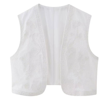 maoxiangshopWomen Fashion Y2k Vintage Floral Embroidery Vest Top V Neck Loose Casual Summer Woman Short Cardigan Waistcoat Chic Tops