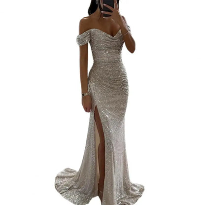 maoxiangshop-Solid Color Long Sleeve Dress Elegant Sequin V-neck Maxi Dress for Evening Party Prom Off Shoulder Slim Sexy Split Long Dress