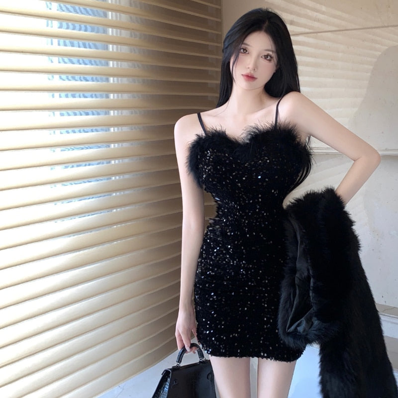 maoxiangshop Temperament Dresses Women Spaghetti Strap  Furry Patchwork V Neck Sexy Elegant Slim Sequins Black Party Dress Ladies