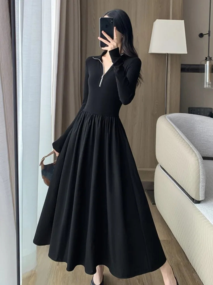 Elegant Vintage Long Sleeve Knitted Midi Dresses Women Korean Casual Slim Fit A-Line Black Birthday Party Robe Autumn Clothing