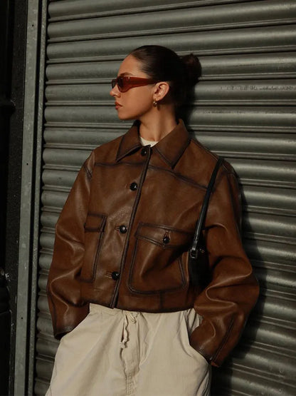 maoxiangshop  -  Retro Solid Color Button Pu Women's Leather Jacket Fashion Collar Pocket Long Sleeved Coat Autumn Ladies Casual High Streetwear