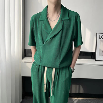 maoxiangshop Summer Pleated Sets Men Fashion Casual Short Sleeved T shirt/Trousers Two-piece Mens Korean Loose Ice Silk Sets Men 3-color