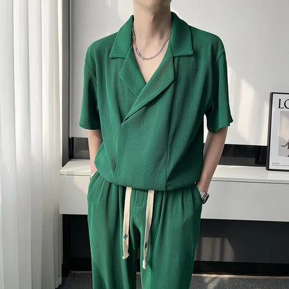 maoxiangshop Summer Pleated Sets Men Fashion Casual Short Sleeved T shirt/Trousers Two-piece Mens Korean Loose Ice Silk Sets Men 3-color