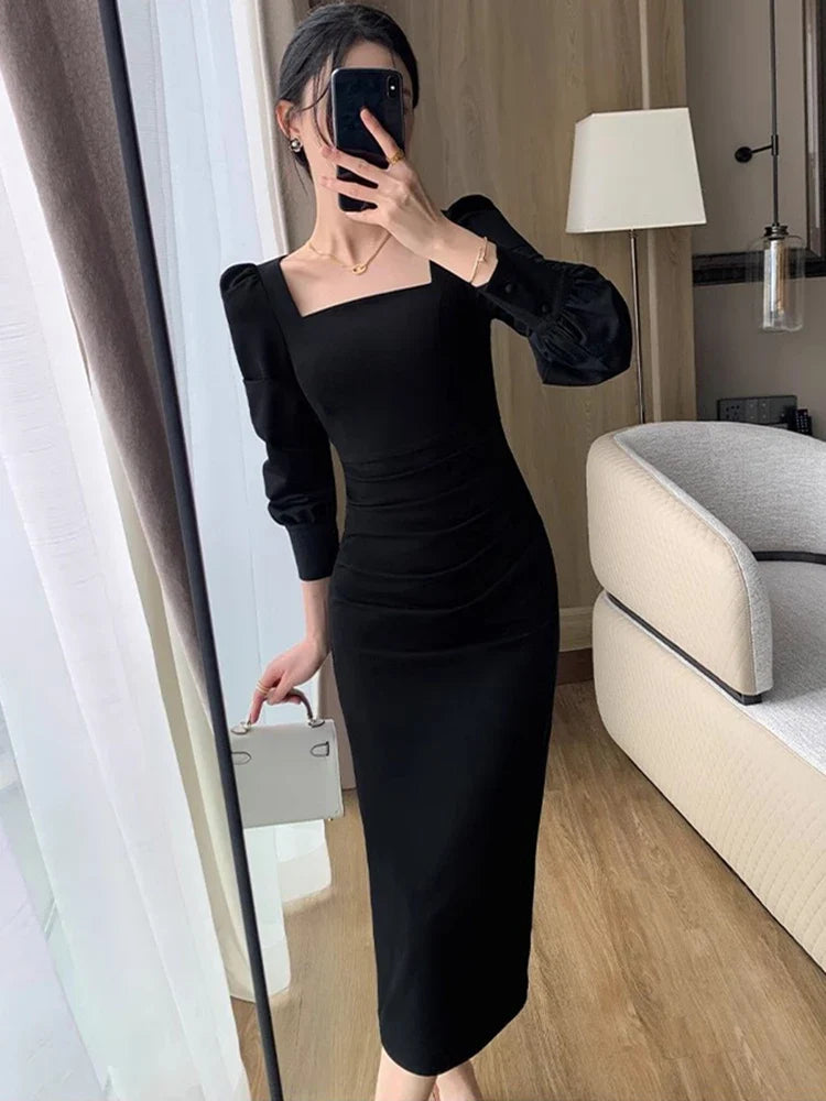 Autumn Spirng New Simple Dress For Women Elegant Midi Bodycon Dress Office Lady Solid Clothing Femme Fashion Vestidos Robe