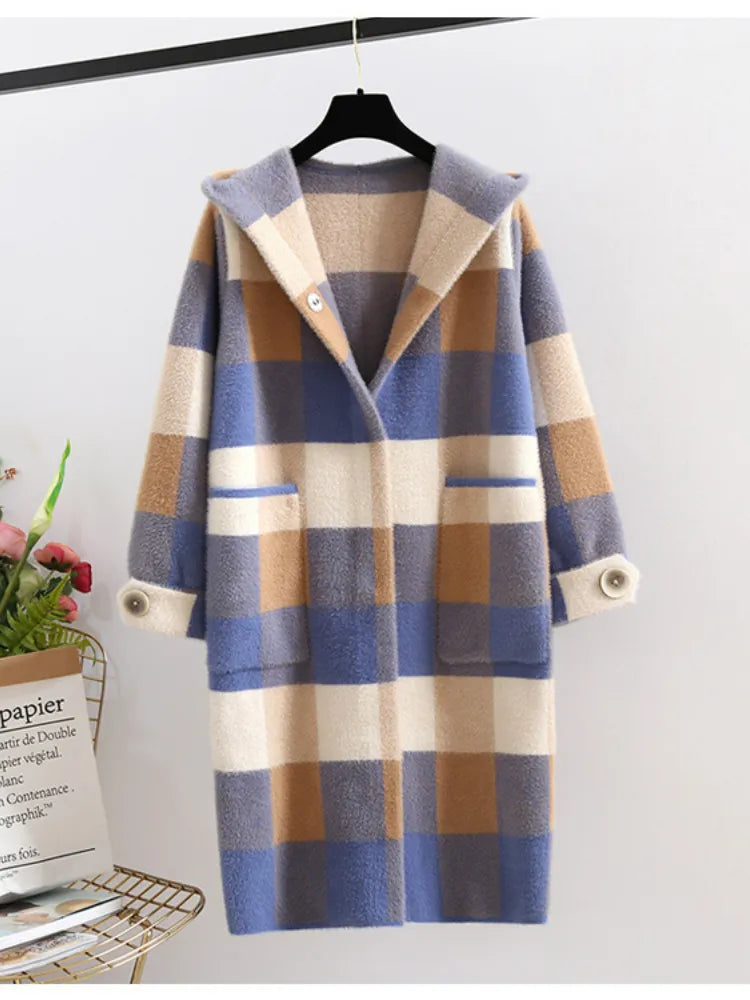 maoxiangshop popular plaid coat winter women's new Korean version imitation mink coat medium long lapel woolen coat