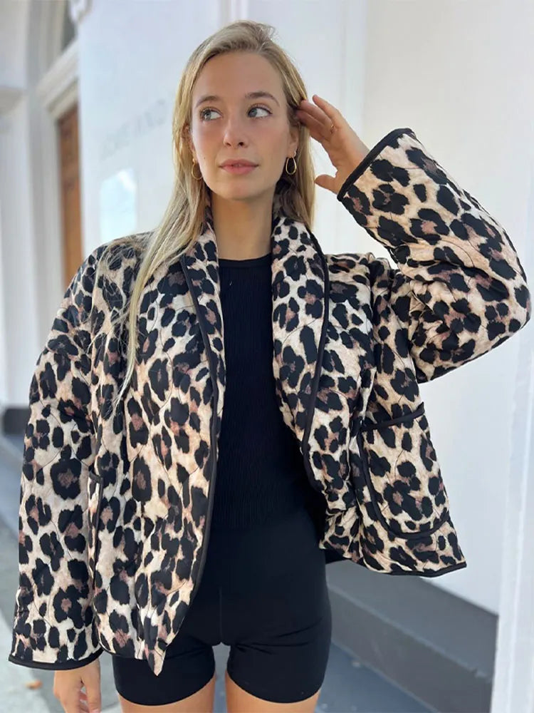 maoxiangshop  -  Women Casual Leopard Printed Cotton Jacket Fashion Lapel Long Sleeved With Pockets Cardigan 2024 Autumn Winter Lady Chic Coats