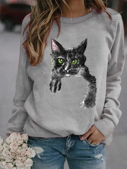 maoxiangshop Autumn and Winter New Solid Color Women's Fashion 3D Cat Print Round Neck Top Hoodie Long Sleeve Fashion Versatile Casual Hoodie