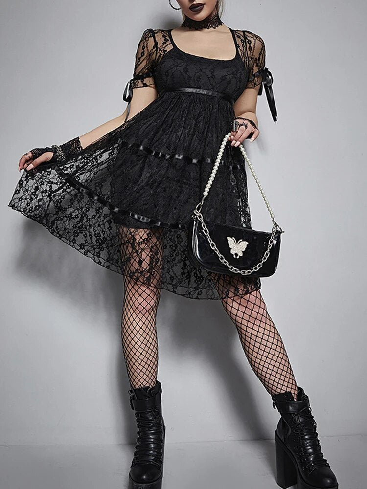 maoxiangshop Lace Mall Gothic Aesthetic Black Women Dresses Grunge See Through Sexy Puff Sleeve Mini Dress A-line Summer Partywear