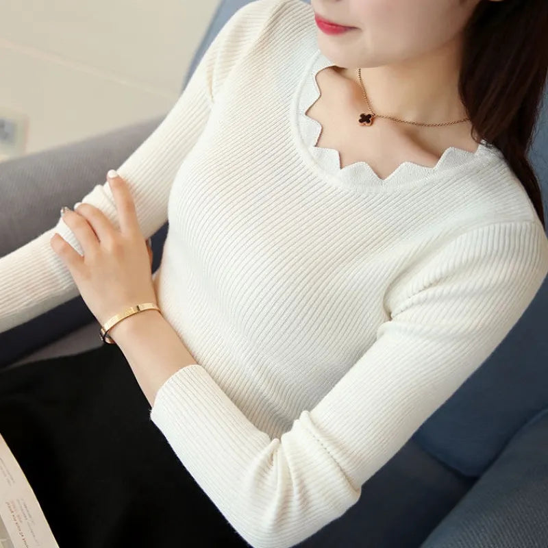 maoxiangshop Casual Solid Sweater Women Knitted Slim White Pullover Long Sleeve Tops Autumn Winter Butterfly Neck Jumper Female