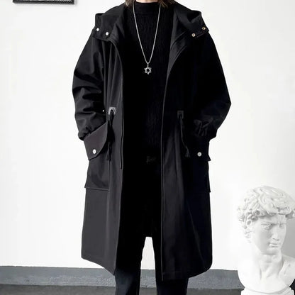 maoxiangshop Spring Autumn Army Green Windbreaker Fashion Men Mid-length Casual Hooded Coat Men Daily High Street Overcoat Male Clothes