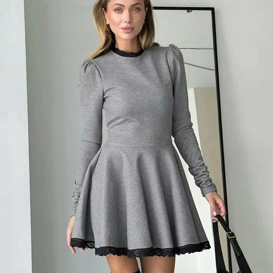 maoxiangshop  -  Lace Splice Elegant Mini Dress Female Autumn Winter New Contrast Color Office Woman Dress Long Sleeve High Waist Clothes