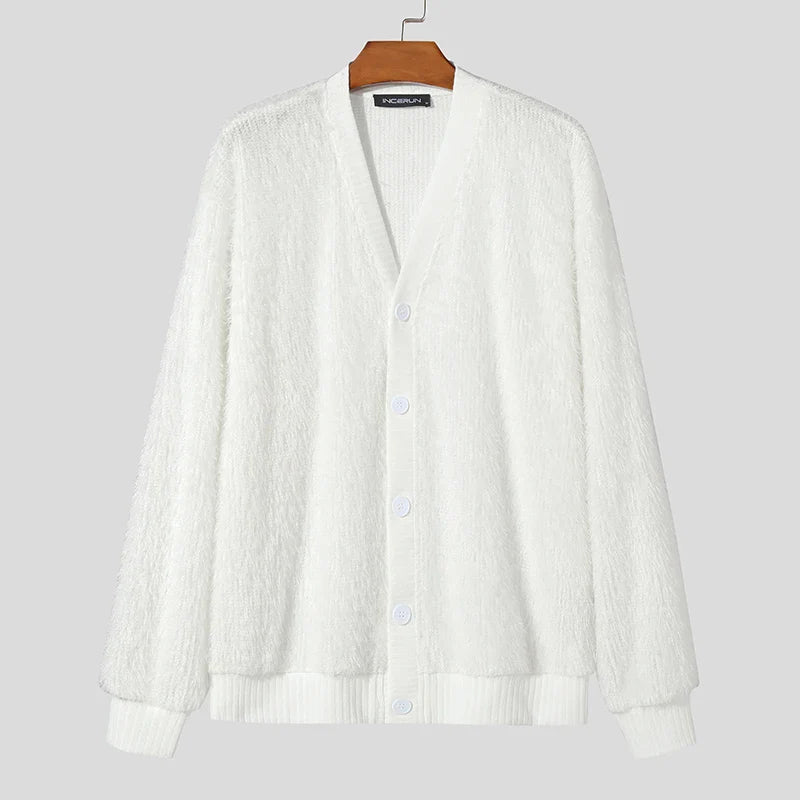 maoxiangshop Men Sweaters Solid Color Plush V Neck Long Sleeve Casual Cardigan Men Streetwear Fashion Leisure Knitted Outerwear