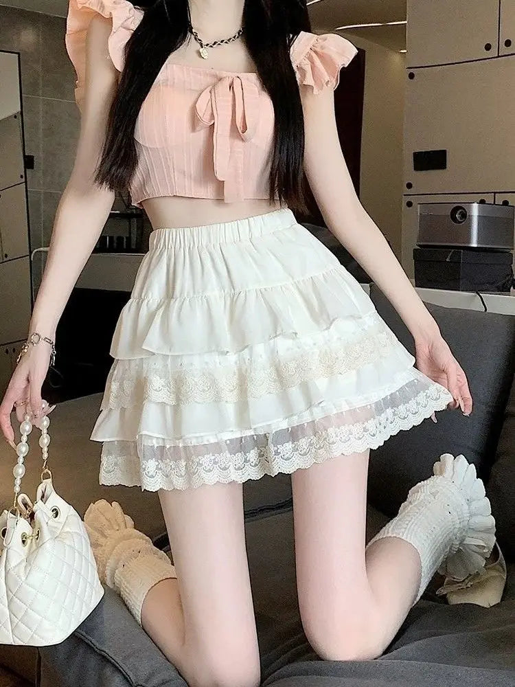 White Lace Pleated Skirt Women Japanese Kawaii Clothing Lace Cake Mini Skirts Even Party Clothing Summer Beach Style