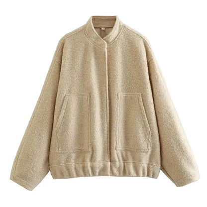 maoxiangshop -  Solid Bombers Jackets Coat For Women Loose Long Sleeve With Button Outwear Tops Autumn Fashion Casual Female Pocket Jacket