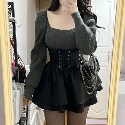 New High Waist Leather Black Mini Dress + Casual Knitted Sweater Elegant Clohting Woman Korean Fashion Suit Design Chic