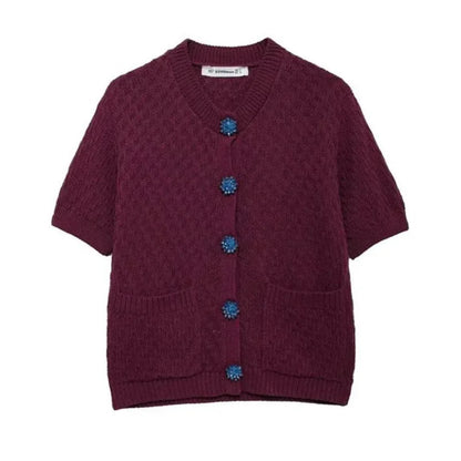 maoxiangshop  -  Knitted Short Cardigan Women Casual Single Breasted Sweater Female 2024 Autumn Sweater Short Sleeve Knitwear Coat