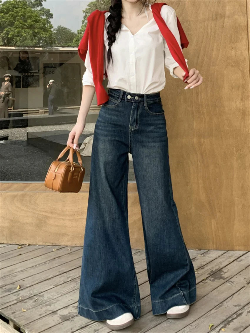 maoxiangshop  -  Winter Flare Jeans High Waist Denim New Loose Mopping Chic Plush Slim 2025 OL Fashion Casual Wide Leg All Match