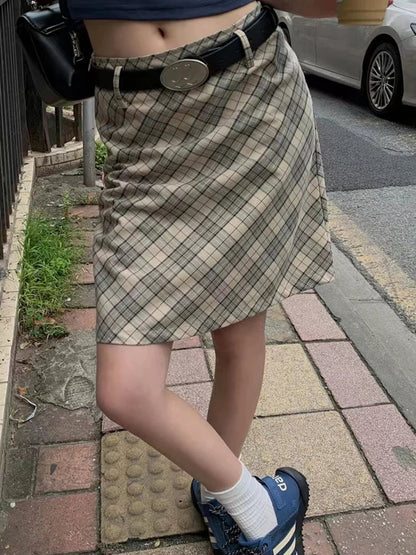 maoxiangshop Vintage Plaid Midi Skirt Women Fashion 90s Aesthetic High Waist Knee-length A-line Tube Skirt Y2k Korean Streetwear