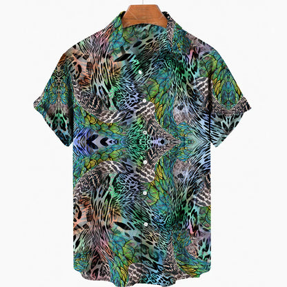 maoxiangshop Short Sleeve Leopard Men's Shirts For Man Clothing Hawaiian Fashion 3D Print Thin Lapel Floral Casual Oversized Imported Camisa
