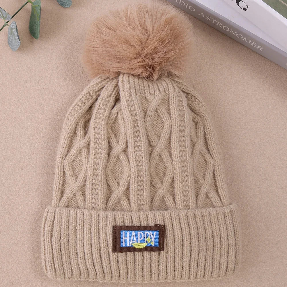 maoxiangshop thicken Fur Pom Knitted Beanies Hat Female Plush Winter Fleece-lined Warm Hats for Women Girl's Outdoor Woolen Thermal Gorro Cap