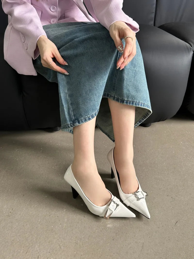 maoxiangshop  -  Patent Leather Sexy High Heels Women Metal Buckle Pointed Designer Pumps Female 2024 Fall Fashions Elegant Office Women Shoes